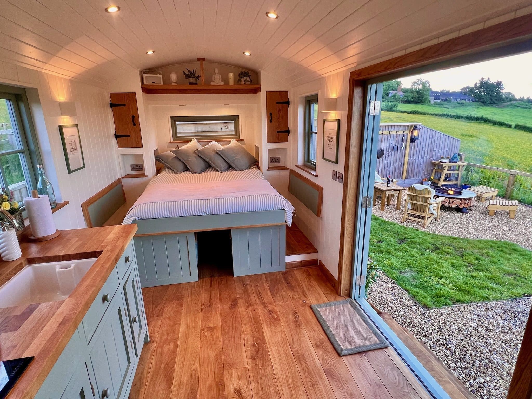 Olive Hut interior with open doors