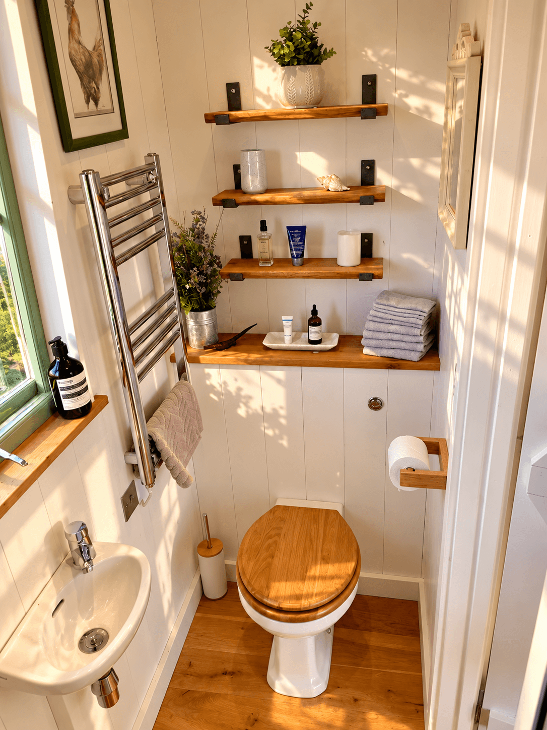 Oak Hut bathroom with wooden shelves and luxury toiletries