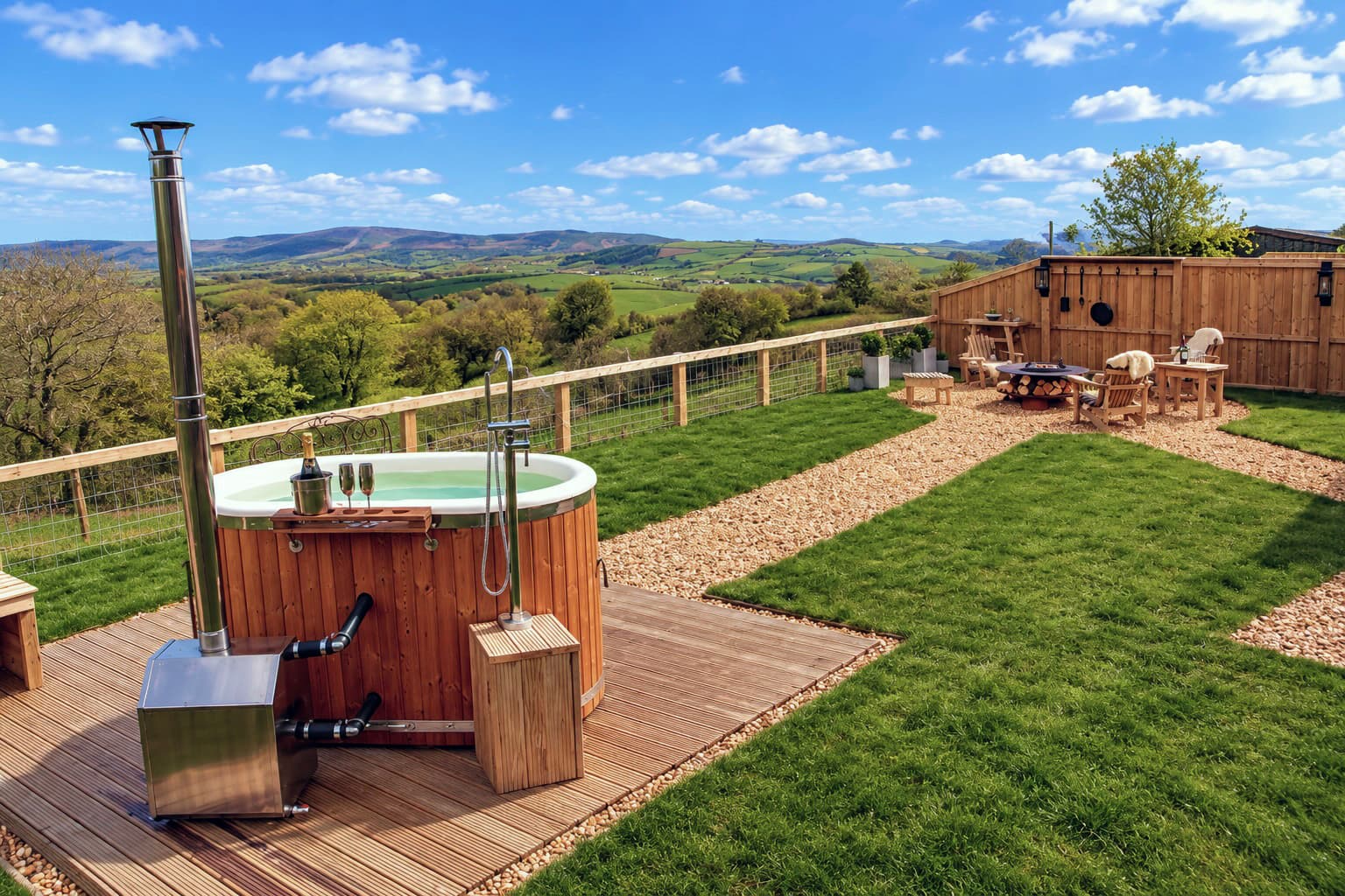 Oak Hut hot tub deck with wide views across the Shropshire countryside
