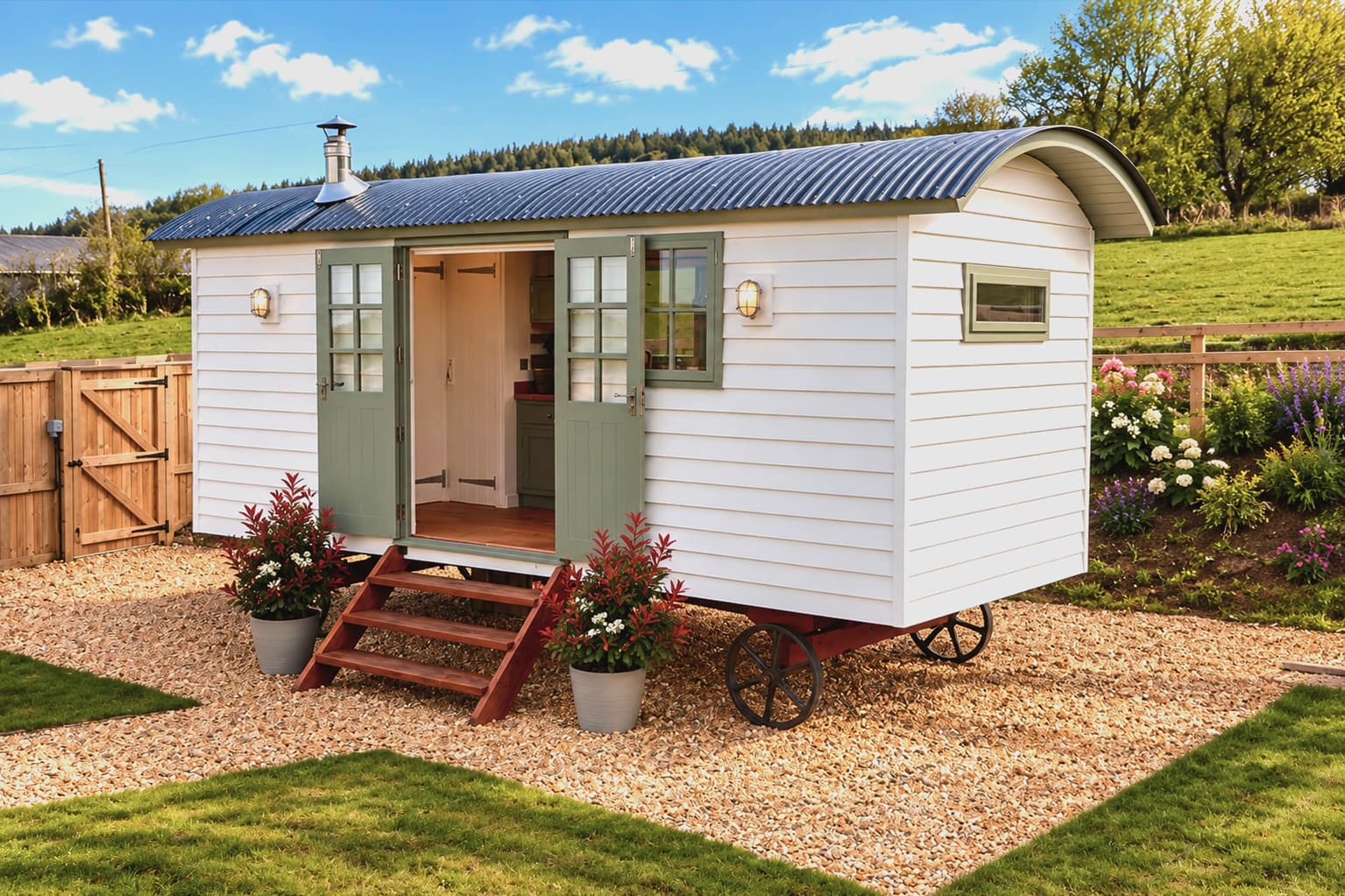 Oak Hut shepherd's hut exterior with sage green doors in the Shropshire countryside