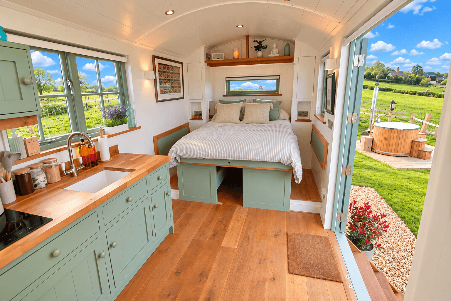Oak Hut interior with king bed and doors open to the private hot tub