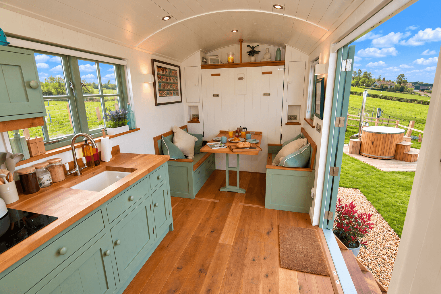 Oak Hut kitchen and dining area with countryside views